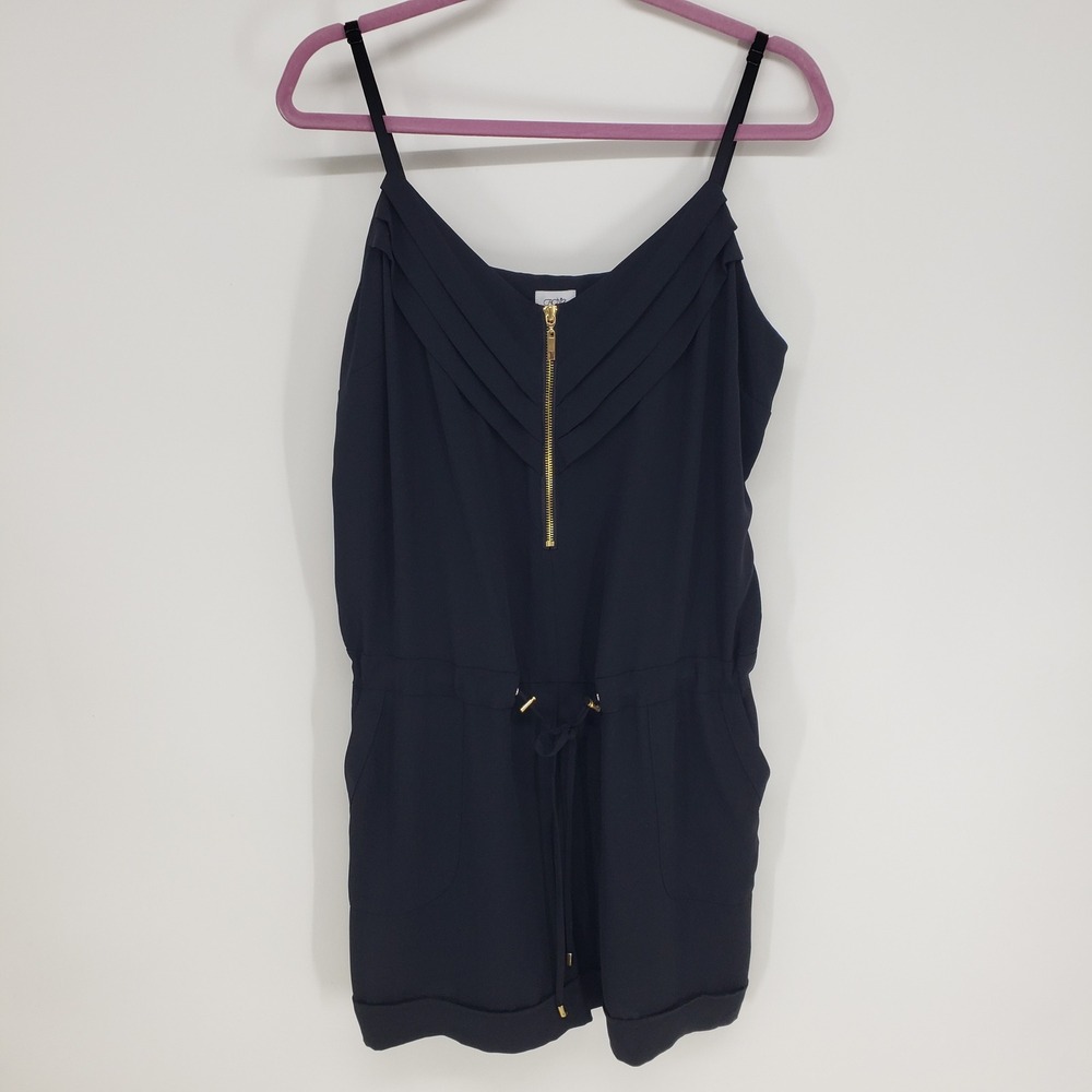 Cache Sleeveless Romper Womens XL Black V-Neck Gold Zipper Elastic Waist Pockets